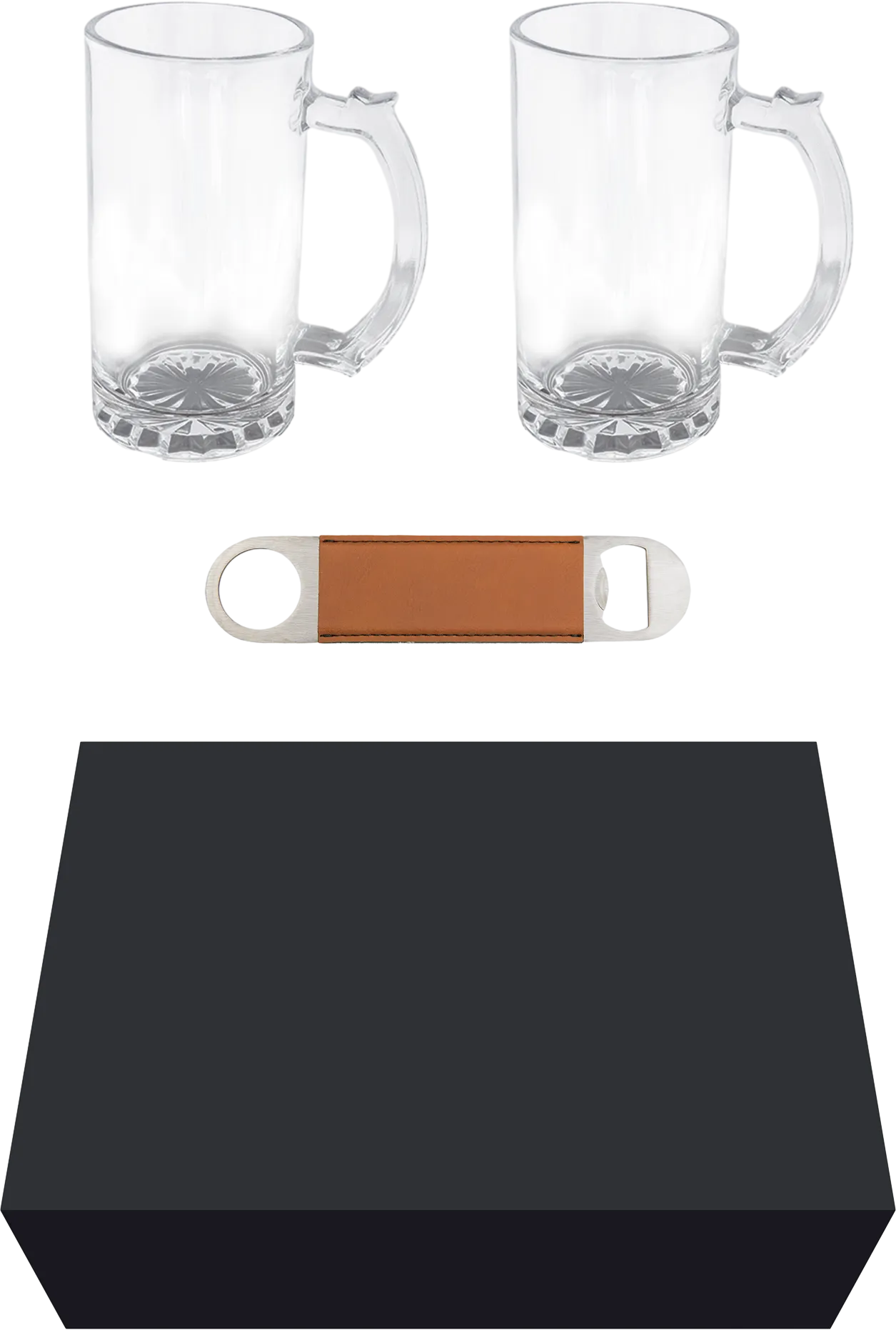Beer Set w/ 2 - 14 oz. Mugs and Rawhide Leatherette Bottle Opener