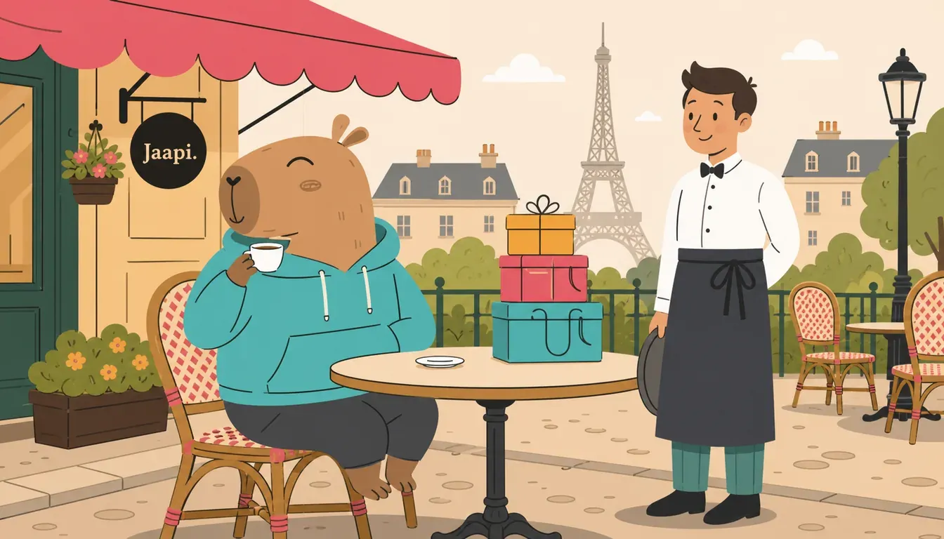 Jaapi capybara mascot in a teal hoodie sipping an espresso at a Parisian sidewalk cafe terrace with a stack of gift boxes on the table, a human waiter in a long apron standing by, the Eiffel Tower in the distance