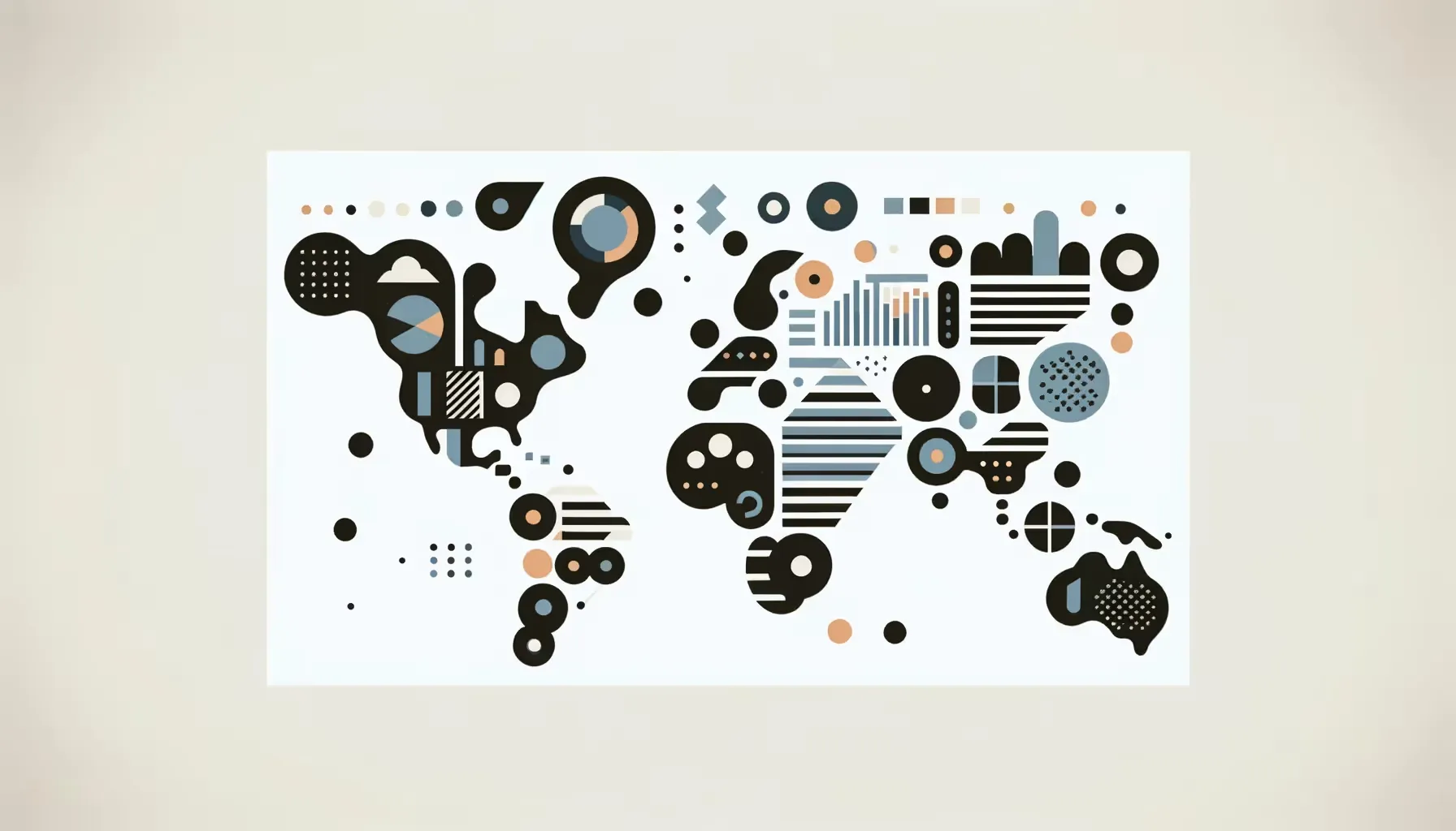 Abstract world map made of geometric shapes and circles representing global swag distribution routes and fulfillment centers
