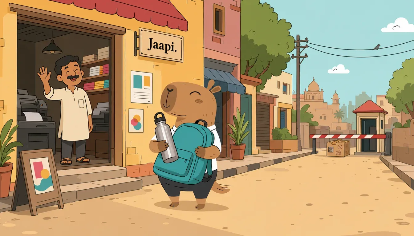 Jaapi capybara mascot standing on a stylized Indian street outside a local print shop, hugging a teal laptop backpack and a steel water bottle while the shopkeeper waves from the doorway; in the background a cardboard parcel covered in customs stamps sits stuck behind a striped border barrier