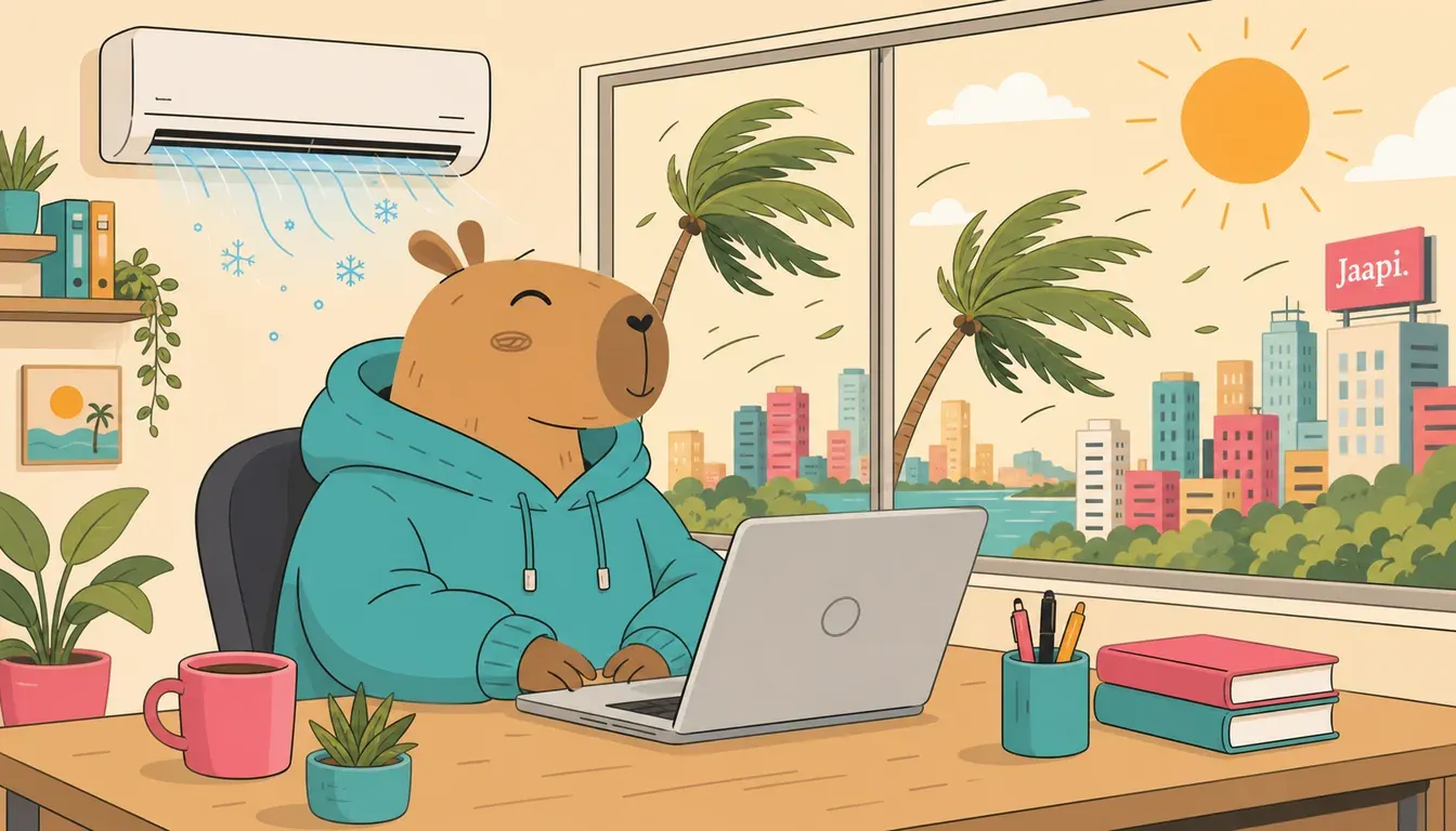 Jaapi capybara mascot wearing a thick cozy teal hoodie at an office desk under a wall-mounted air conditioner blowing icy air, while palm trees bend under a blazing tropical sun outside the window over a bright Manila skyline