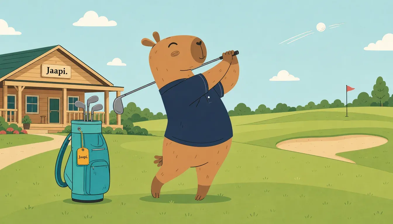 Jaapi capybara mascot in a navy polo shirt finishing a golf swing in a follow-through pose, ball sailing toward a distant course flag, a teal golf bag with a Jaapi tag beside it and a modest wooden clubhouse in the background