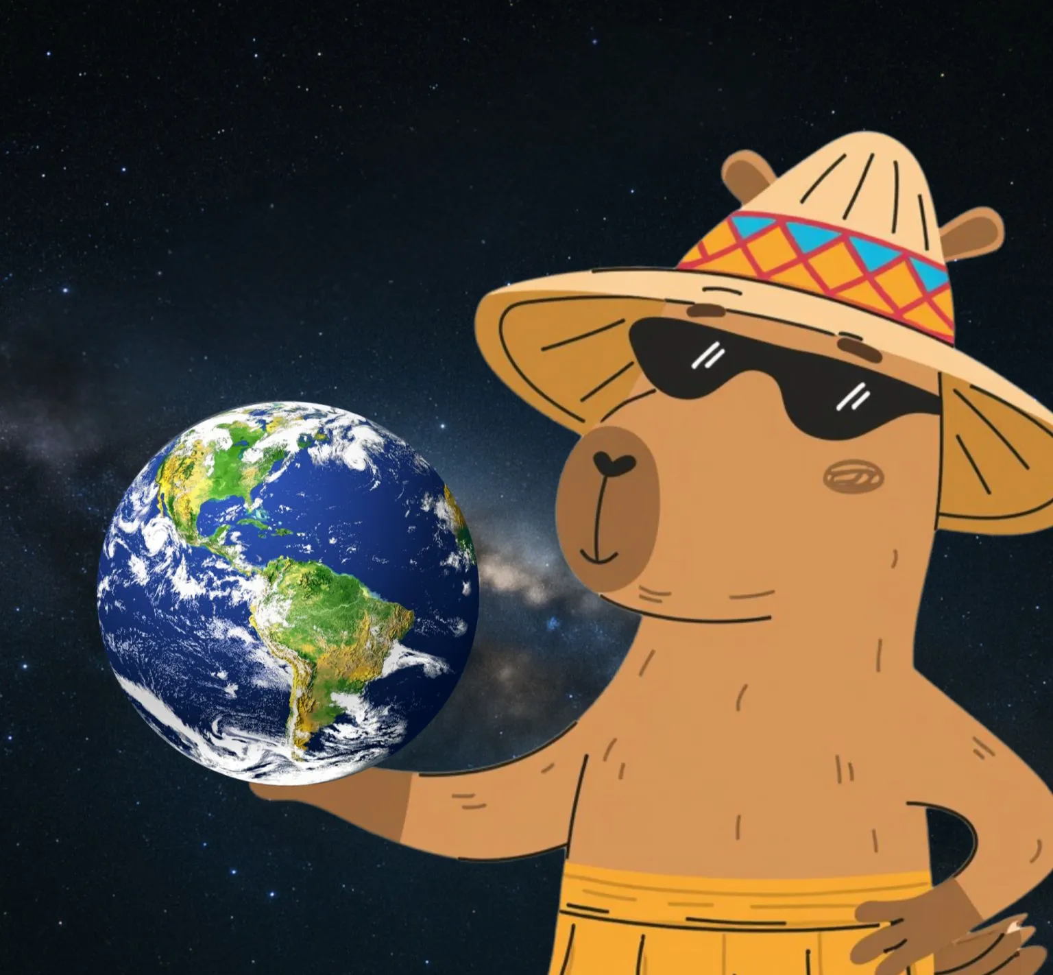 Jaapi capybara mascot holding the globe