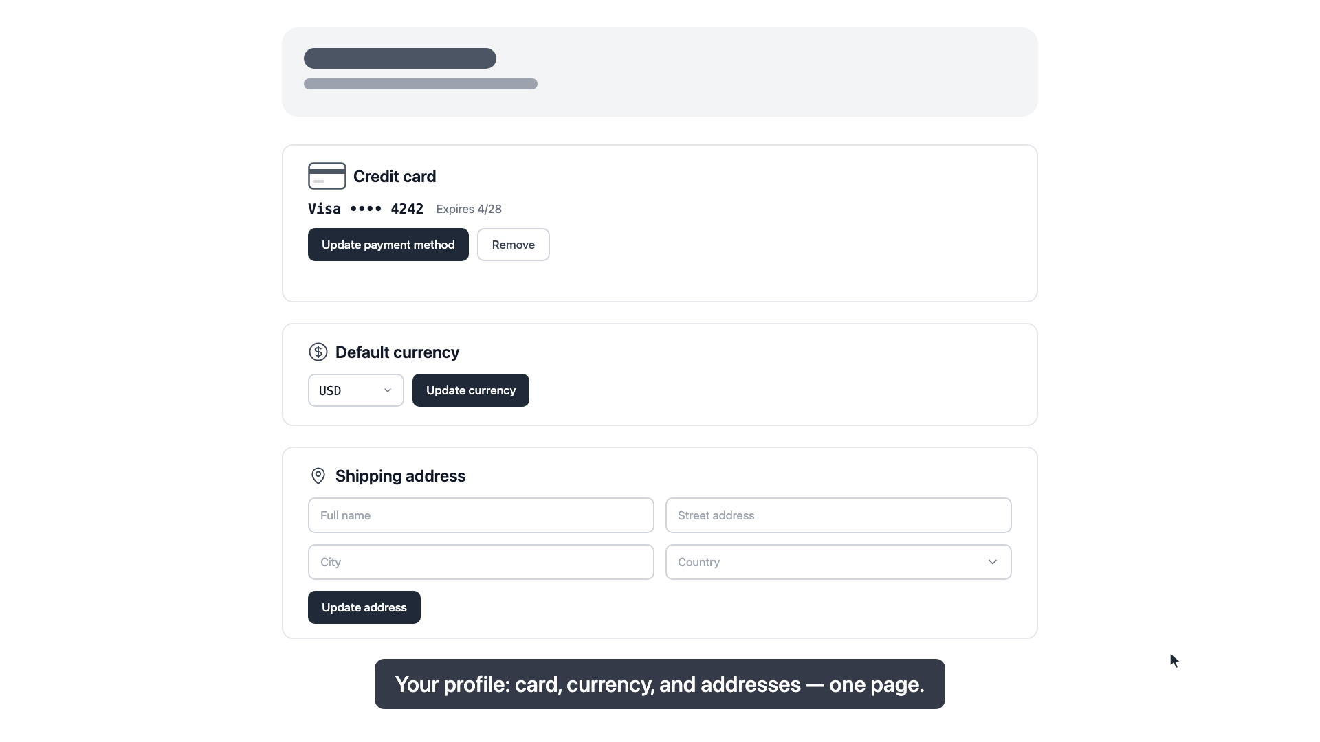 Your profile, addresses & cards