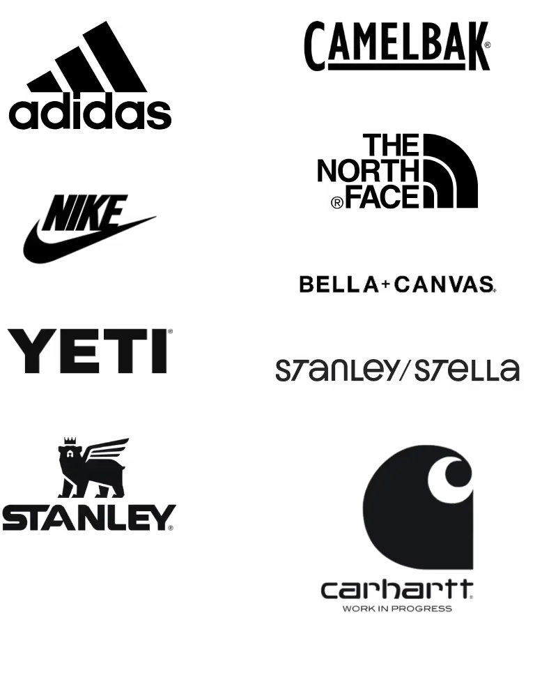 Premium brands including Adidas, Nike, Yeti, Stanley, Camelbak, The North Face, Bella+Canvas, Stanley/Stella, and Carhartt